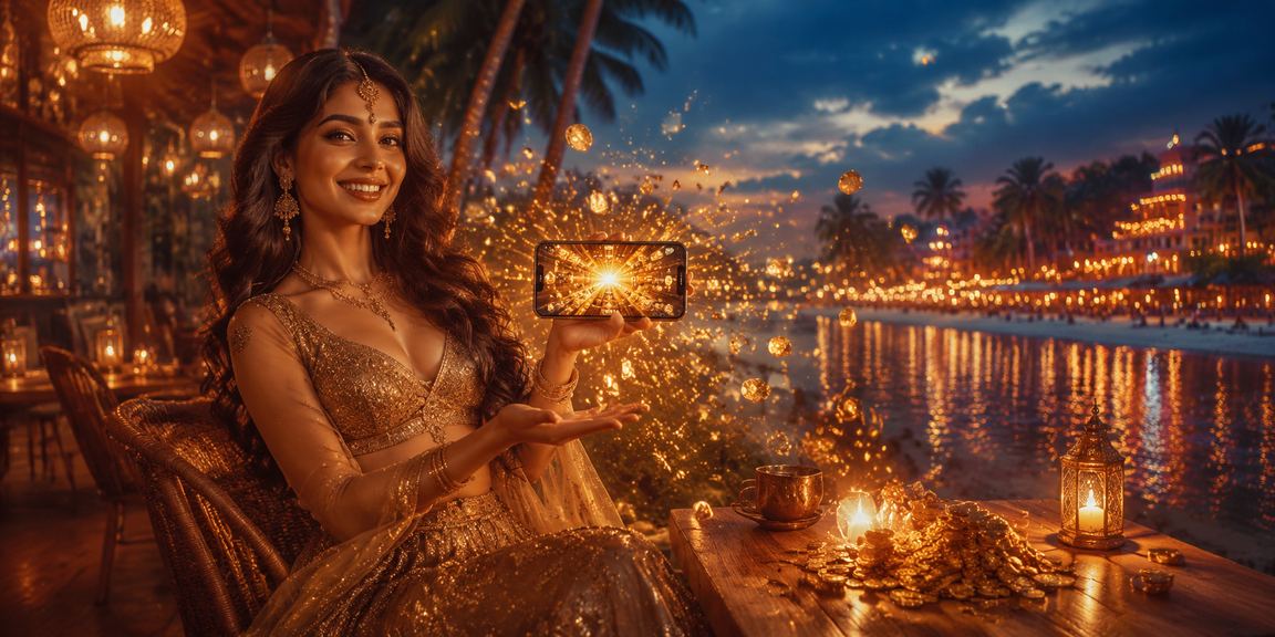 A vibrant casino entertainment scene on Goa beach with evening lights