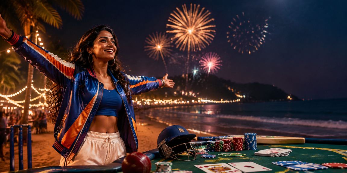 Vibrant beach scene with people playing casino games