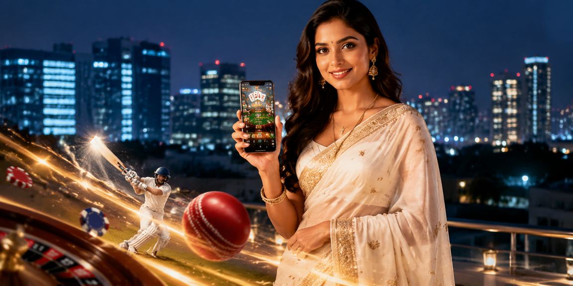 Indian woman enjoying cricket betting on mobile device